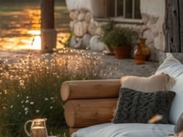 A cozy outdoor seating area beside a lake at sunset, styled with rustic elements and soft textures—capturing a lifestyle aesthetic that reflects key market trends for 2025 focused on comfort, nature, and intentional living.